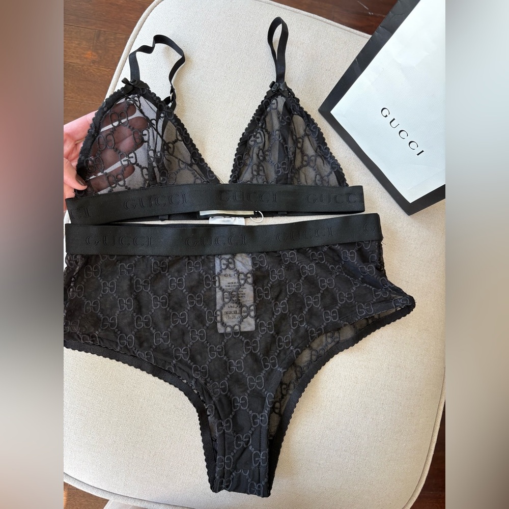 Gucci Black GG Embroidered Tulle Sheer Lingerie Set L New Condition Mesh Logo GG - Picture 12 of 16